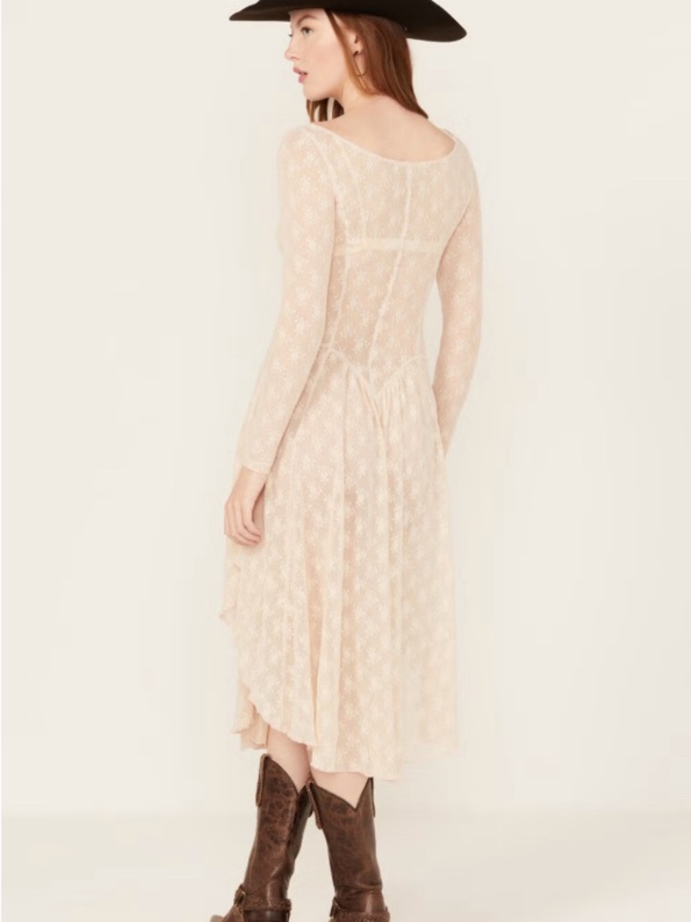 “Dial for Drama” Free People Cream Lace Long-Sleeve Midi Dress
